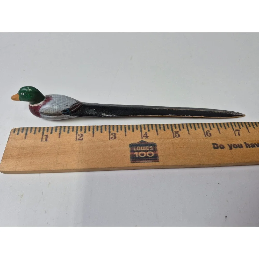 Vintage Hand Painted Wooden Mallard Duck Letter Opener Rustic Desk Accessory 7.5